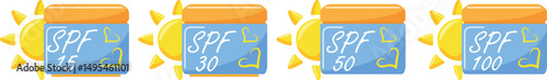 icons of compact rectangular jars with sunscreen and a sun on the side, for summer designs
