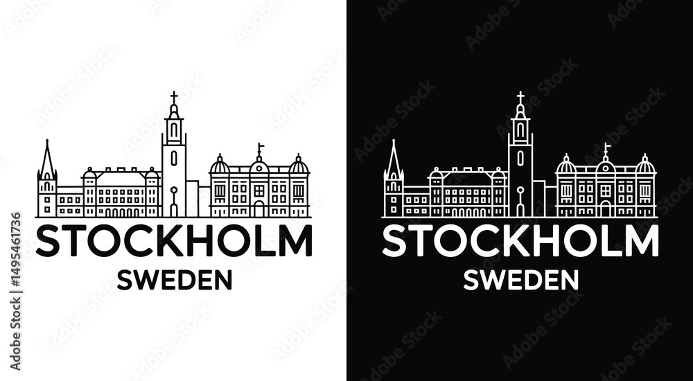 Fototapeta premium Stockholm Skyline Logo Bold Black City Hall Riddarholmen Church Kaknas Tower Symbol for Travel and City Brands