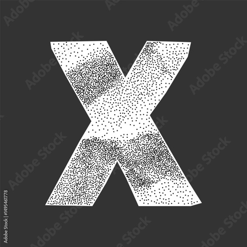 X shaped collage letter with gritty stipple effect. Crumpled notebook paper, ransom note design with halftone retro style.