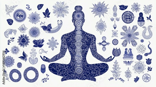 Indigo figure in lotus pose surrounded by floral & mystical elements