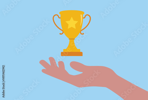 Vector illustration of a hand holding and protecting a victory trophy which is a powerful symbol of careful success
