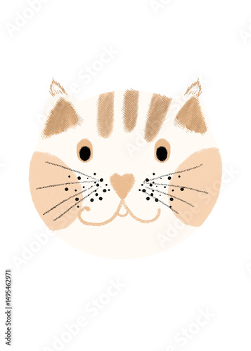 Illustration of cat's face, featuring light brown markings and distinct design against white background. Playful, artistic piece exudes charm, perfect for various creative uses and joyful designs