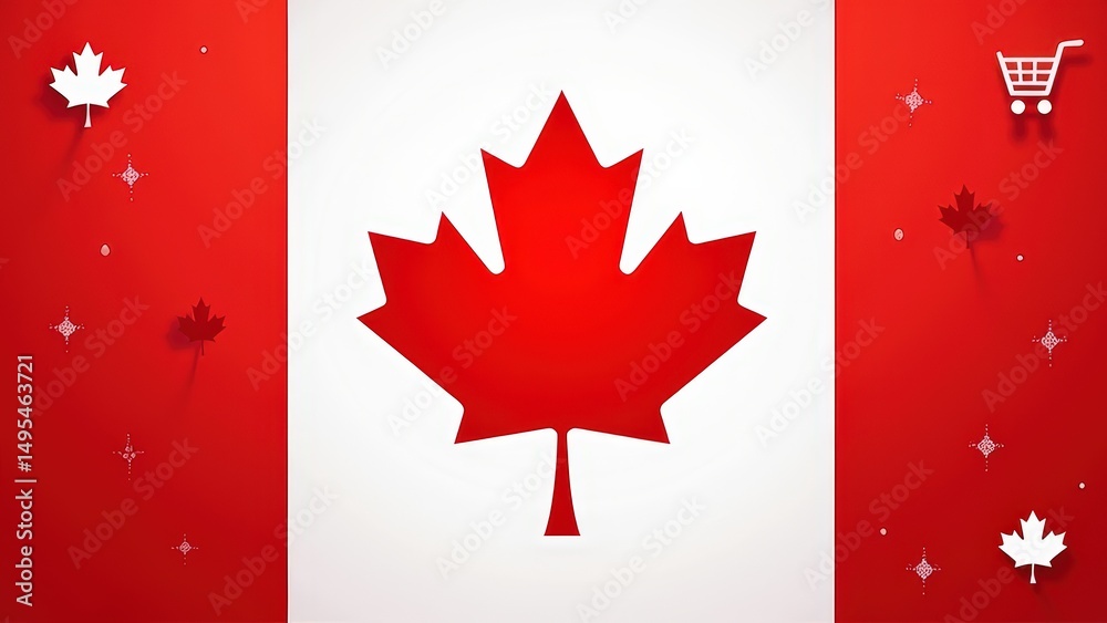 Obraz premium Bold red and white horizontal sale banner featuring a large maple leaf in the center