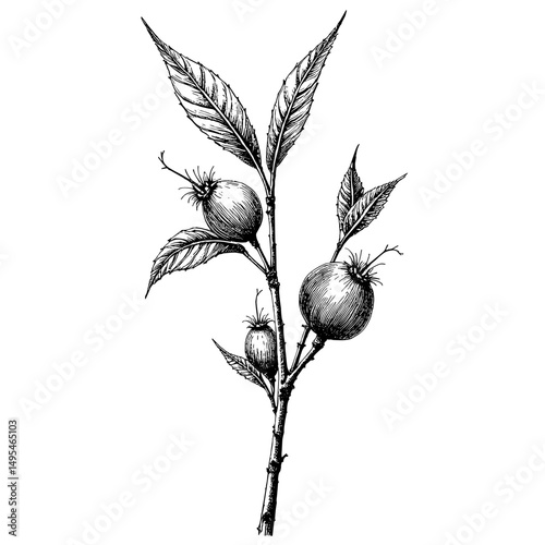 Black ink sketch of rosehip branch with fruit and leaves  