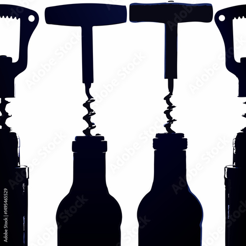 Isolated metal corkscrew with a cork in a glass wine bottle, ready to open the vintage alcohol beverage