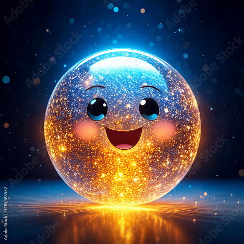 Glowing emoji, glitter orb with a smile face.