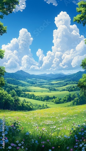 Scenic valley meadow under blue sky.  Possible use Background, wallpaper, nature scene