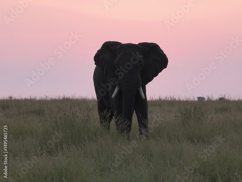 A majestic african elephant stands in a grassy field under a pink and purple hued sunset sky scene photo