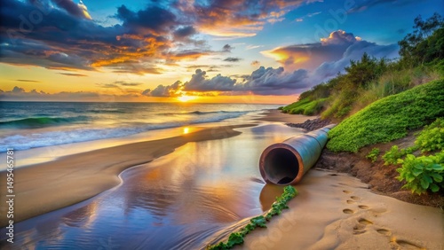 Serene Coastal Sunset with Ocean Waves and Drainage Pipe on Sandy Beach