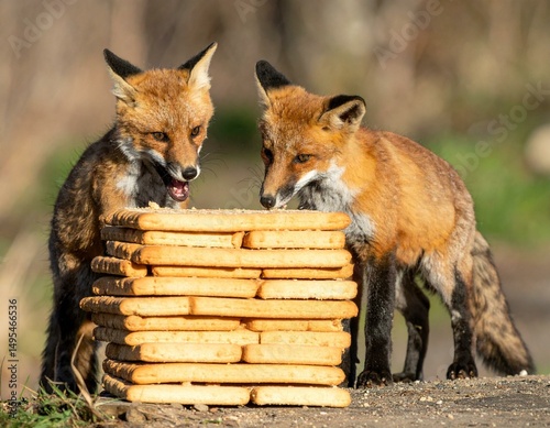 Two playful foxes curiously explore a stack of treats in the wild.