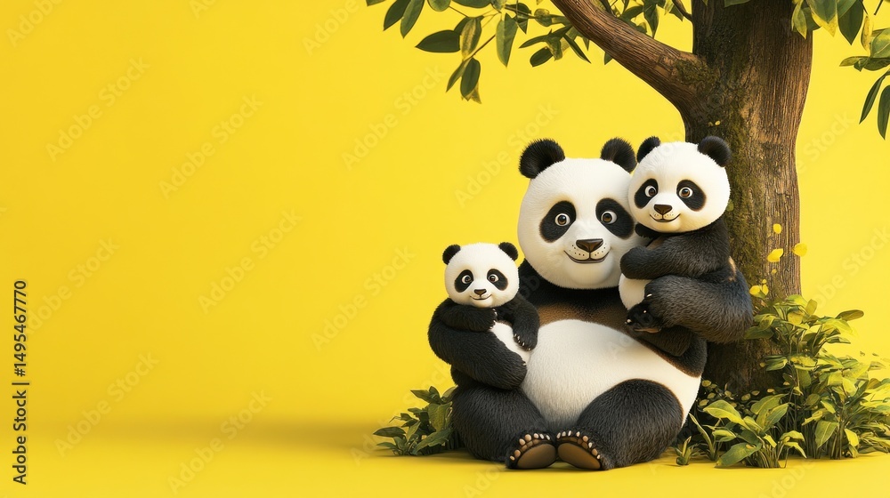 Fototapeta premium Panda family under tree, yellow background, family, wildlife, nature