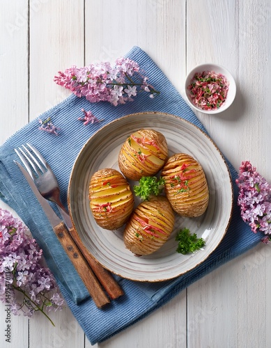 Top view of traditional swedish Hasselback potatoes withbacon and cheese on a plate on a bluenapkin on white wooden table. Generated image photo