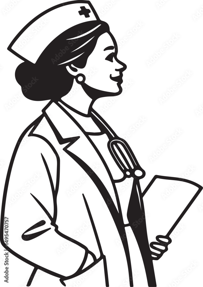 Obraz premium nurse, medical uniform, healthcare worker, clinical, medical field, healthcare, medical professional, hospital staff, medical service, detailed illustration, black and white, silhouette 