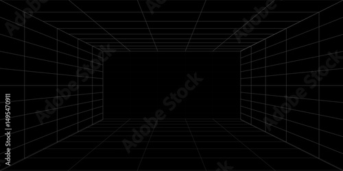 Futuristic perspective grid box. Abstract wireframe with white grid line on black background. Virtual reality landscape in 80s 90s digital style. Vector illustration.
