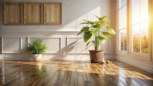 Sunlit Interior with Hardwood Floor, Potted Plants, and Empty Frames