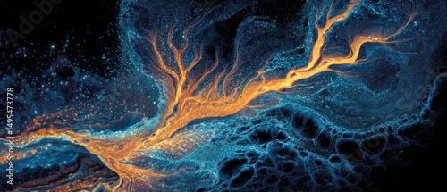 Dynamic cosmic fluid art with glowing blue-orange pigments for luxury product campaigns, website headers, and modern interior decor. Bioluminescent abstract texture with interstellar energy.

