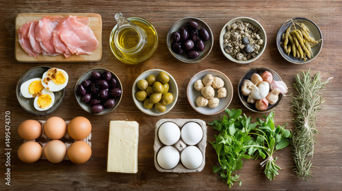 Fresh Mediterranean diet ingredients arranged on a wooden table, showcasing healthy and balanced eating.