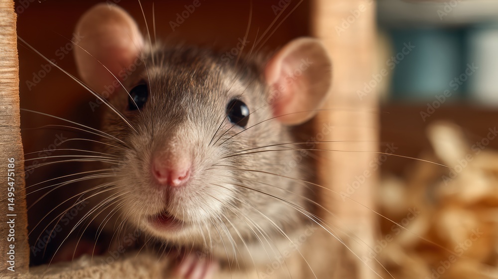 Curious rat peeking out from its cozy wooden shelter in a rustic environment Curious rat peeking out from its cozy wooden shelter in a rustic environment