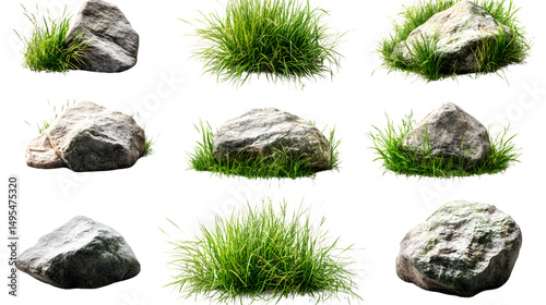 Vibrant Green Grass with Rocks and Stones Collection Isolated on Transparent Background