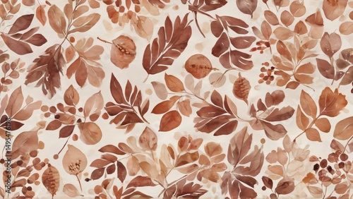 Seamless Autumn-Themed Watercolor Pattern With Leaves and Botanical Elements. Perfect for seasonal decorations, textiles, and backgrounds showcasing the charm of fall nature and botanical illustration