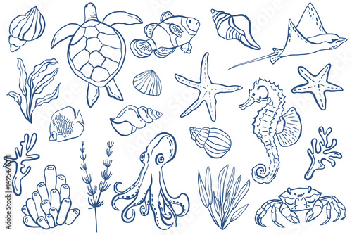 Sea Creatures Line Art Set. Minimalist Marine Animals Outline Collection