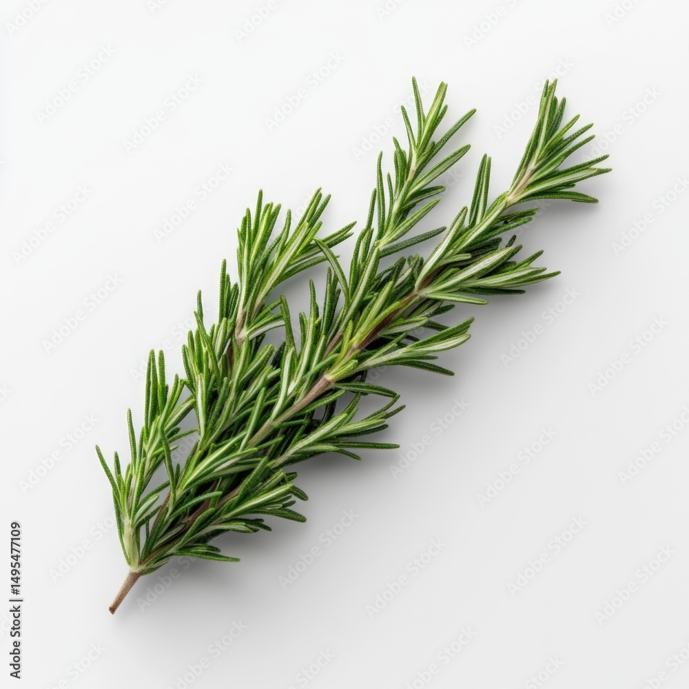 Fresh rosemary sprig with vibrant green leaves on white background Fresh rosemary sprig with vibrant green leaves on white background