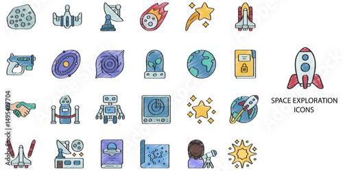 Space concept 24 Hand drawn color icons set. Contain such satellite dish, satellite dish, satellite dish, research, neptune, universe, asteroid, planet, mercury, saturn etc. Vector illustration.	