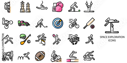Space concept 24 Hand drawn color icons set. Contain such satellite dish, satellite dish, satellite dish, research, neptune, universe, asteroid, planet, mercury, saturn etc. Vector illustration.	