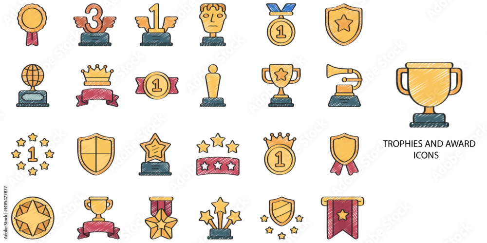 Fototapeta premium Trophies and Award simple concept 24 hand drawn color icons set. Contains such trophy, icon, minimal, award, achievement, competition .Vector illustration. 