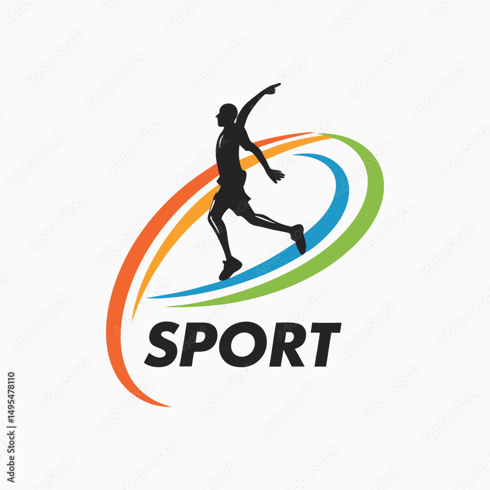 Dynamic Silhouette of a Running Athlete with Colorful Swirls Sport Logo Dynamic Silhouette of a Running Athlete with Colorful Swirls Sport Logo