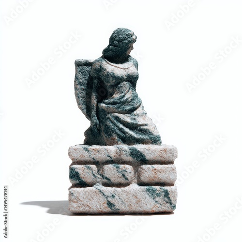 Graceful armored maiden statue with banner, stone wall base