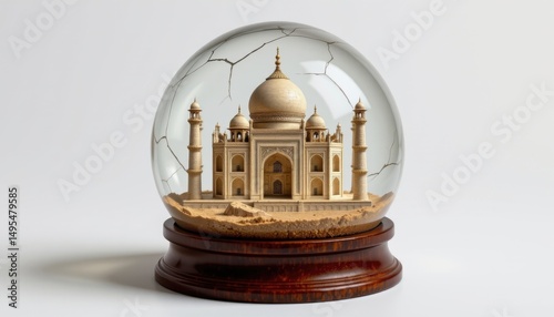 cracked snow globe containing taj mahal replica, with water partially evaporated and fine dust settled inside the globe, captured with back tilt for inside glass glare control