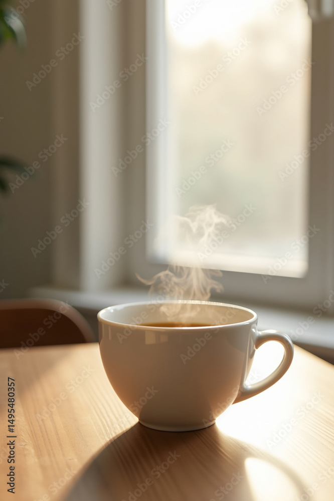 Obraz premium Hot coffee cup on wooden table with sunlight, cozy morning beverage scene