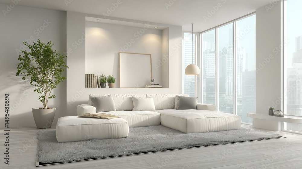 Fototapeta premium Minimalist living room with clean lines and neutral tones, embodying modern simplicity and serene elegance.
