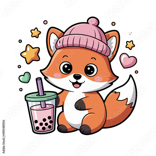 A cute cartoon fox wearing a pink beanie sits happily beside a cup of bubble tea