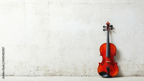 Violin placed against a smooth white wall with space for copy that resonates with a musical theme or performance.