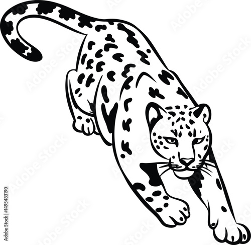 Leopard Silhouette: A captivating black and white outline of a powerful leopard, gracefully poised with intent, a symbol of agility and stealth.