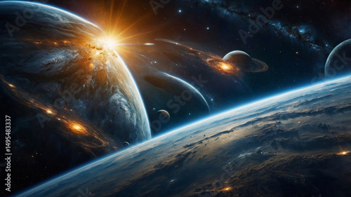 A breathtaking scene of celestial bodies and galaxies in the infinite, dark space.
