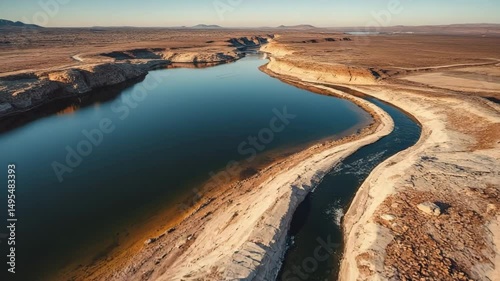 Aerial view of winding river through arid desert landscape, contrasting blue water and dry terrain drone view