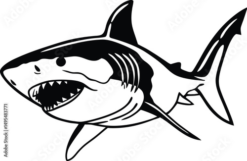 Sharp Teeth, Serene Waters: A sleek, monochrome illustration of a shark glides through the deep ocean. Witness the balance of nature with this stunning display. 