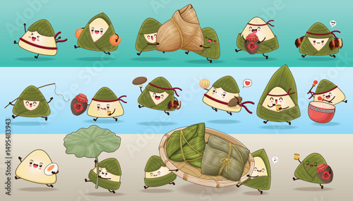 Vintage Chinese rice dumplings cartoon character. Dragon boat festival illustration. Chinese word means liquor