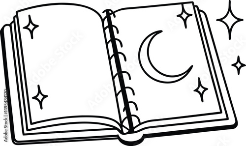 Open Magic Book: Open book, illustrated with a crescent moon and sparkling stars. A magical visual for storytelling, fantasy, and imagination.