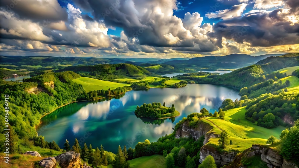 Fototapeta premium Reflections on mountain lake's tranquil surface are highlighted by a beautiful and dramatic cloudy sky
