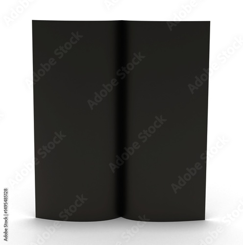 Open, standing restaurant menu, bar leaflet with black paper mockup, isolated on white.