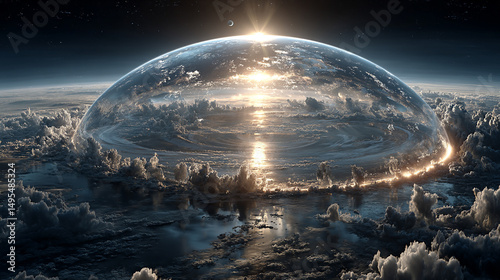 Vibrant artistic depiction of a flat Earth half-globe floating in cosmic space. Bold colors highlight land and ocean with surreal beauty. Minimalist layout with caption space on the side.