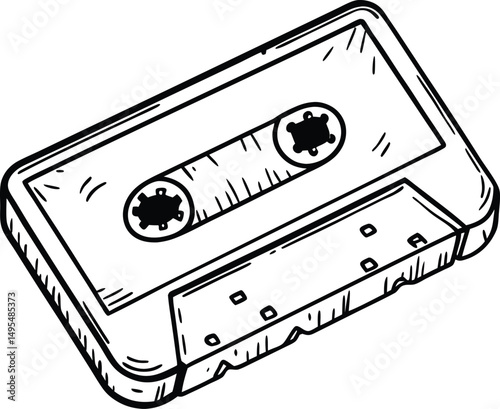 Cassette Tape Drawing: An illustrated black and white cassette tape, showcasing classic vintage technology, ready for nostalgic projects.