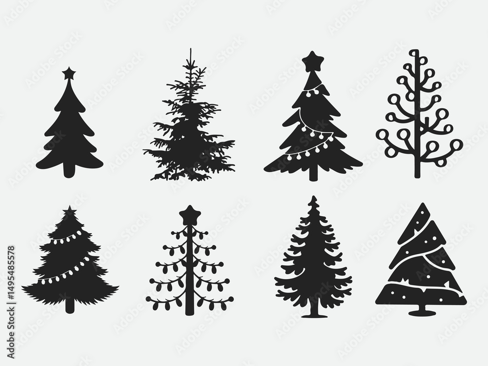Obraz premium Set of black silhouette Christmas trees with diverse shapes and festive accents