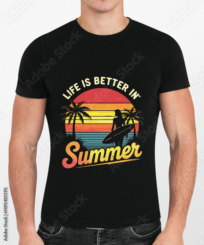 Mens Black TShirt Summer Surf Design Life is Better in Summer