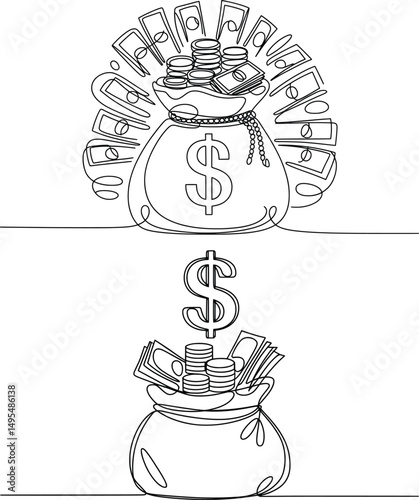 Money Bag Drawing, Cash Stack Vector Illustration in Line Art Style.
