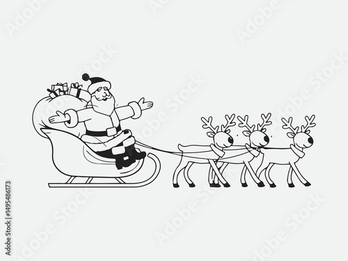 Minimalist festive silhouette of Santa Claus in sleigh with reindeer and starry sky
